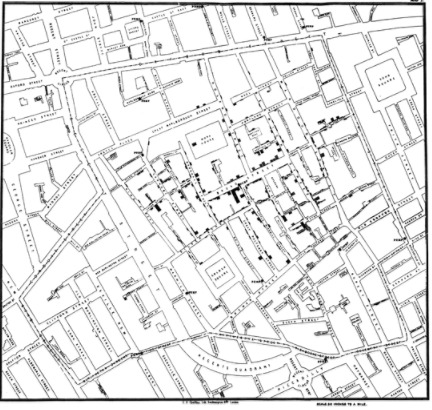 John Snow adopted the same principle to depict cholera deaths in London in 1854
